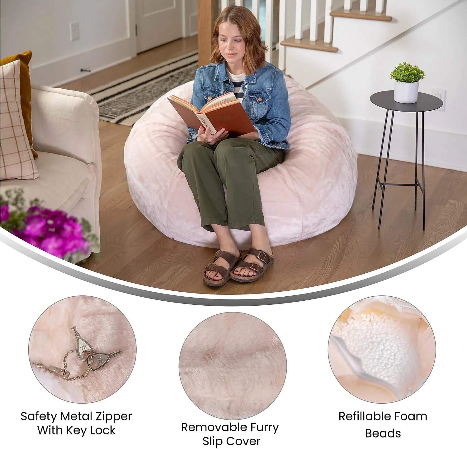 Flash Furniture Oversized Bean Bag Chair for Kids and Adults, Set of 1, Blush Furry