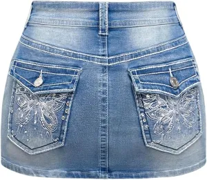 Floerns Women's Y2k Butterfly Denim Skirts Low Waist Stretch Bodycon Mini Skirt
