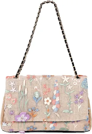 Floral Embroidery Woven Shoulder Bag for Women Shining Sequin Large Capacity Evening Clutch for Commuting Dating Party