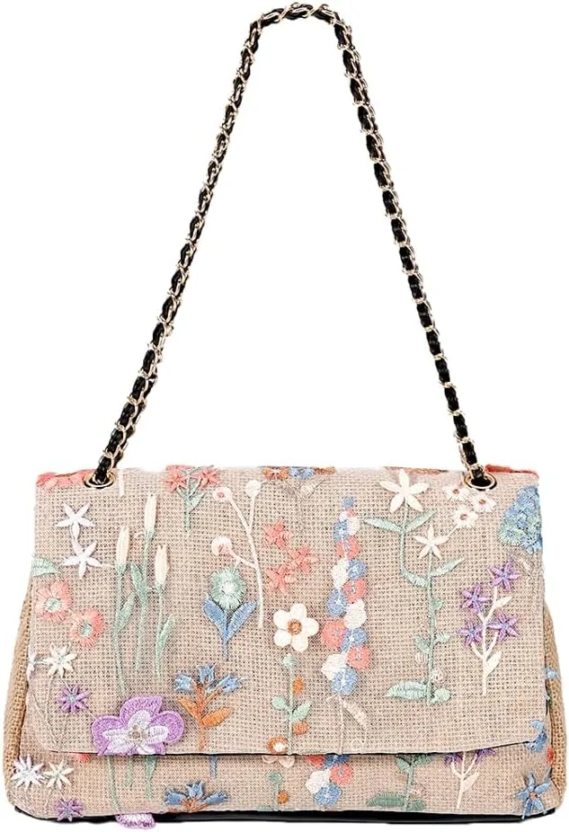 Floral Embroidery Woven Shoulder Bag for Women Shining Sequin Large Capacity Evening Clutch for Commuting Dating Party