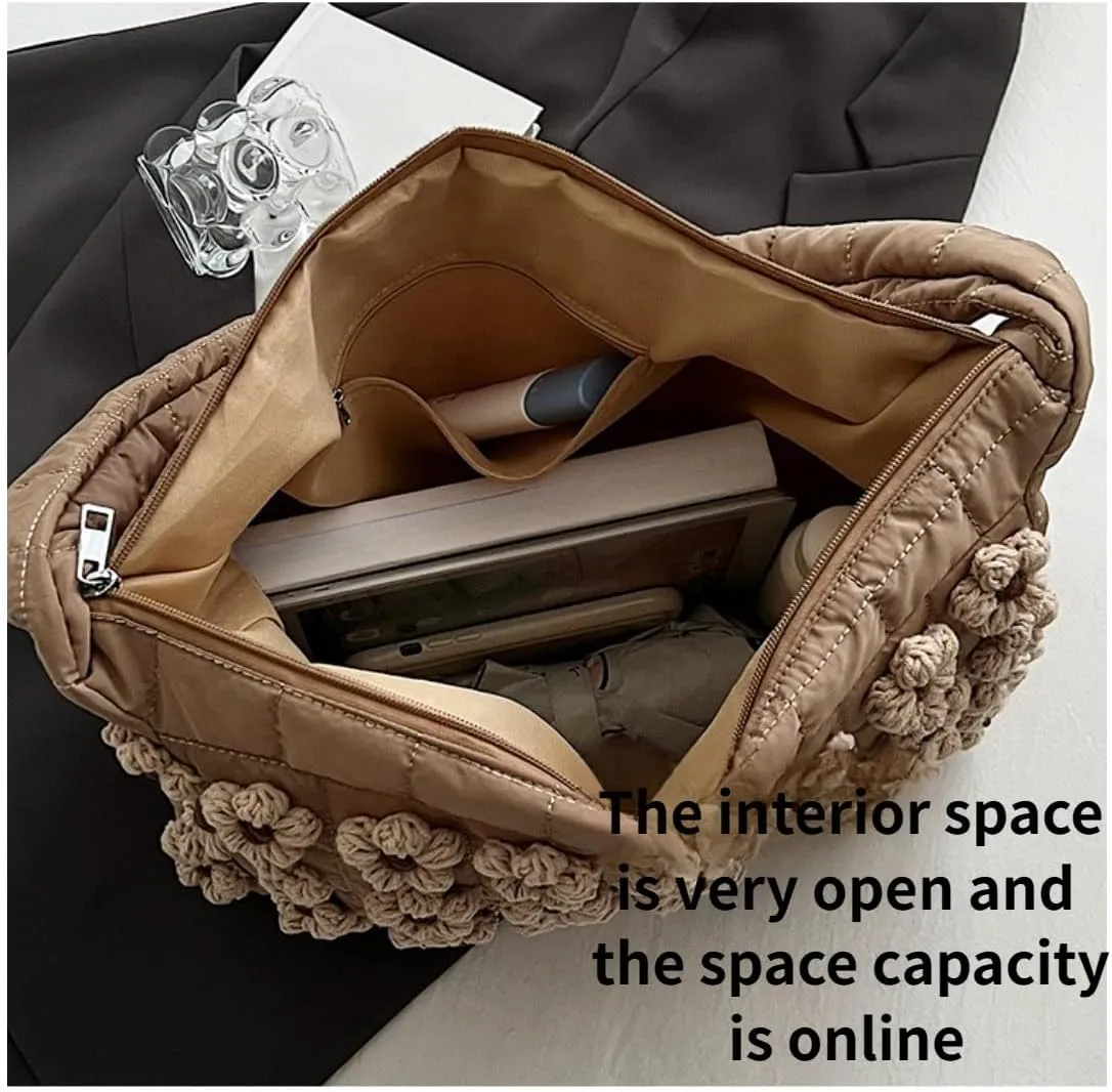 Floral Quilted Tote Bag Puffer Large Crossbody Shoulder Bag Flower Bubble Tote Bag Hobo Handbag for Women Girls