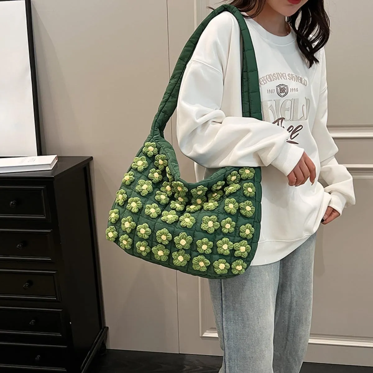 Floral Quilted Tote Bag Puffer Large Crossbody Shoulder Bag Flower Bubble Tote Bag Hobo Handbag for Women Girls
