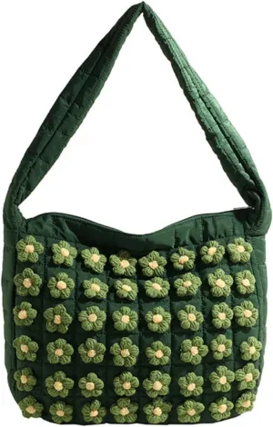 Floral Quilted Tote Bag Puffer Large Crossbody Shoulder Bag Flower Bubble Tote Bag Hobo Handbag for Women Girls