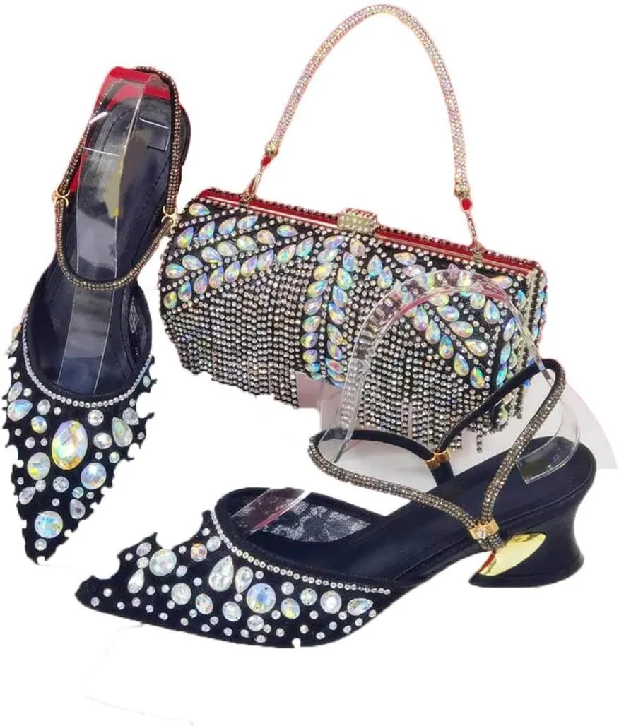Floral Rhinestone Evening Banquet Clutch Bag Pointed Toe Comfortable Heels Set