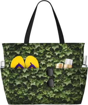 Floral Swirls Ivy Print Stylish Beach Tote Bag,Large Capacity Handbag,Perfect For Women'S Vacation And Daily Use
