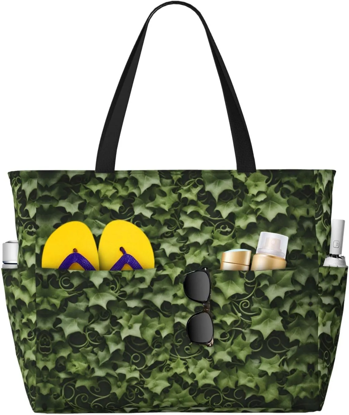 Floral Swirls Ivy Print Stylish Beach Tote Bag,Large Capacity Handbag,Perfect For Women'S Vacation And Daily Use