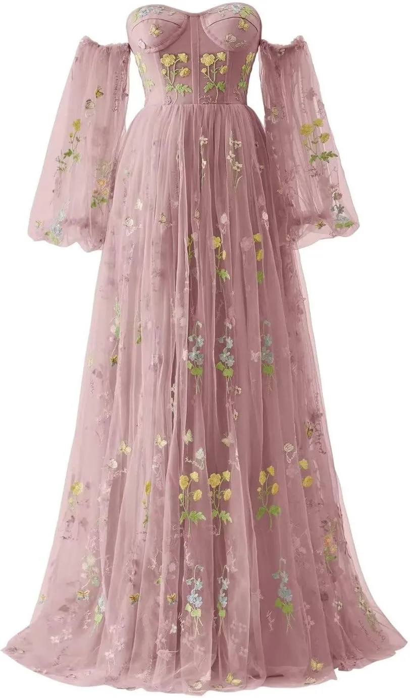 Flower Embroidery Tulle Prom Dresses for Women Corset Long Spaghetti Strap Fairy Ruched Formal Evening Party Gown