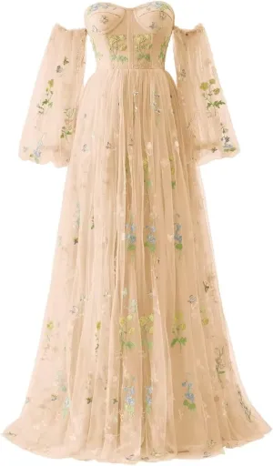 Flower Embroidery Tulle Prom Dresses for Women Corset Long Spaghetti Strap Fairy Ruched Formal Evening Party Gown