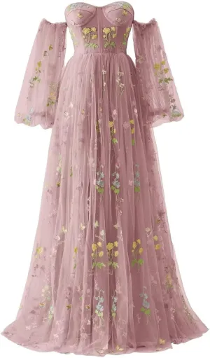 Flower Embroidery Tulle Prom Dresses for Women Corset Long Spaghetti Strap Fairy Ruched Formal Evening Party Gown