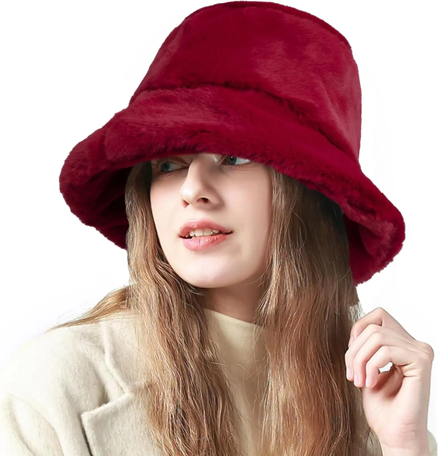 Fluffy Faux Fur Bucket Hat Winter Warm Hat for Women Men