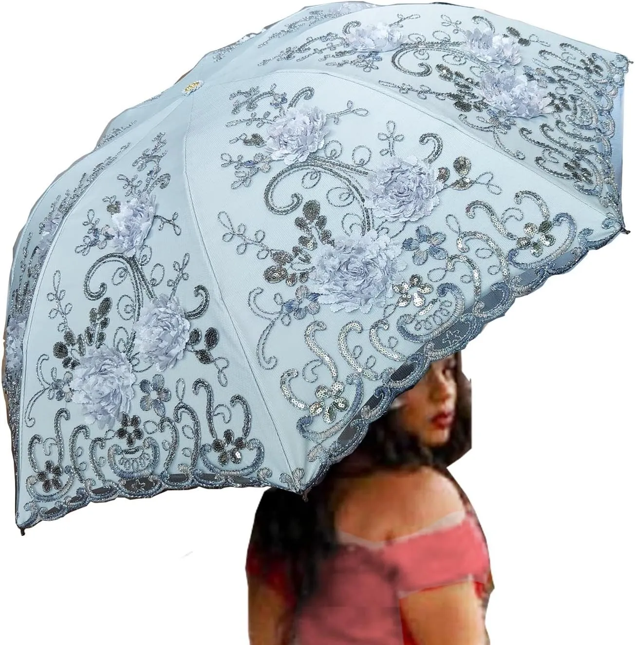 Foldable Lace Parasol Travel Sun Rain Umbrella Compact Anti UV Resistance Princess Sun Umbrella for Women & Girls