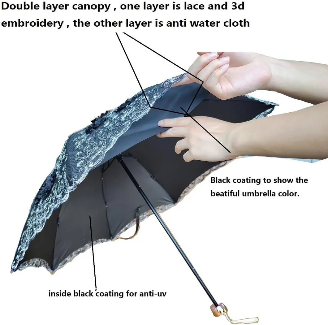 Foldable Lace Parasol Travel Sun Rain Umbrella Compact Anti UV Resistance Princess Sun Umbrella for Women & Girls