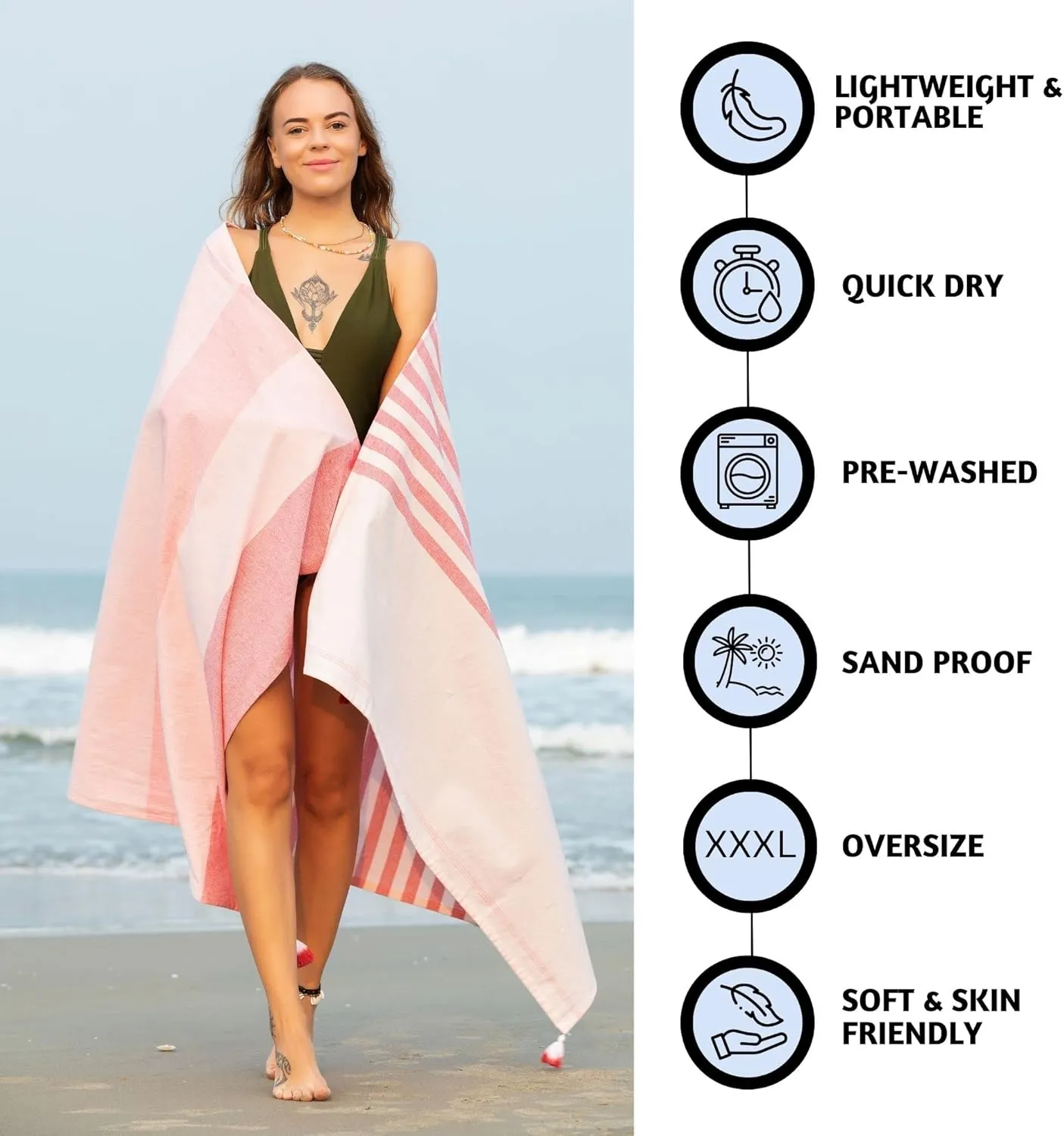Folkulture beach towels with Travel Bag 40 x 72, Beach Blanket for Holidays or Extra Large , 100% Cotton Sand Free Turkish for Adults, Lightweight and Oversized, Coral