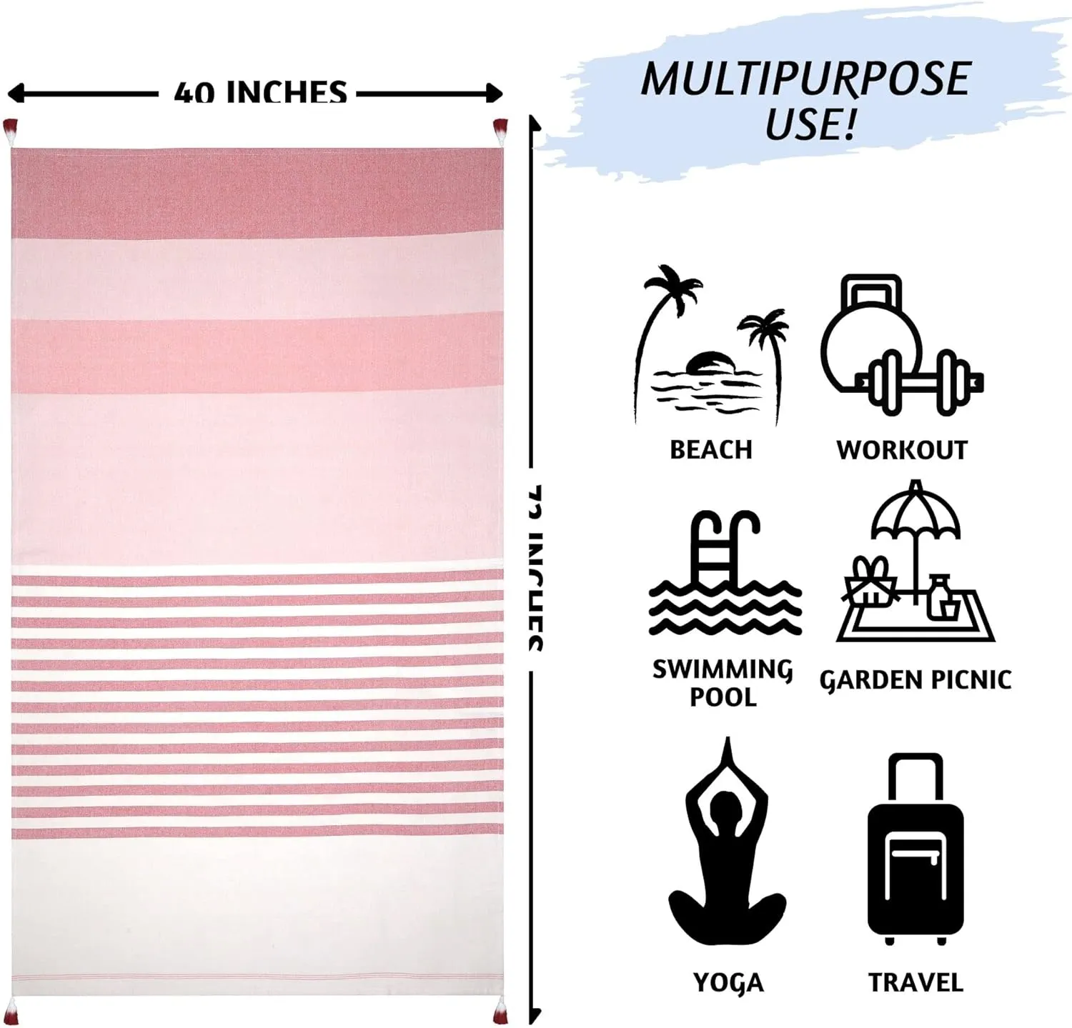 Folkulture beach towels with Travel Bag 40 x 72, Beach Blanket for Holidays or Extra Large , 100% Cotton Sand Free Turkish for Adults, Lightweight and Oversized, Coral