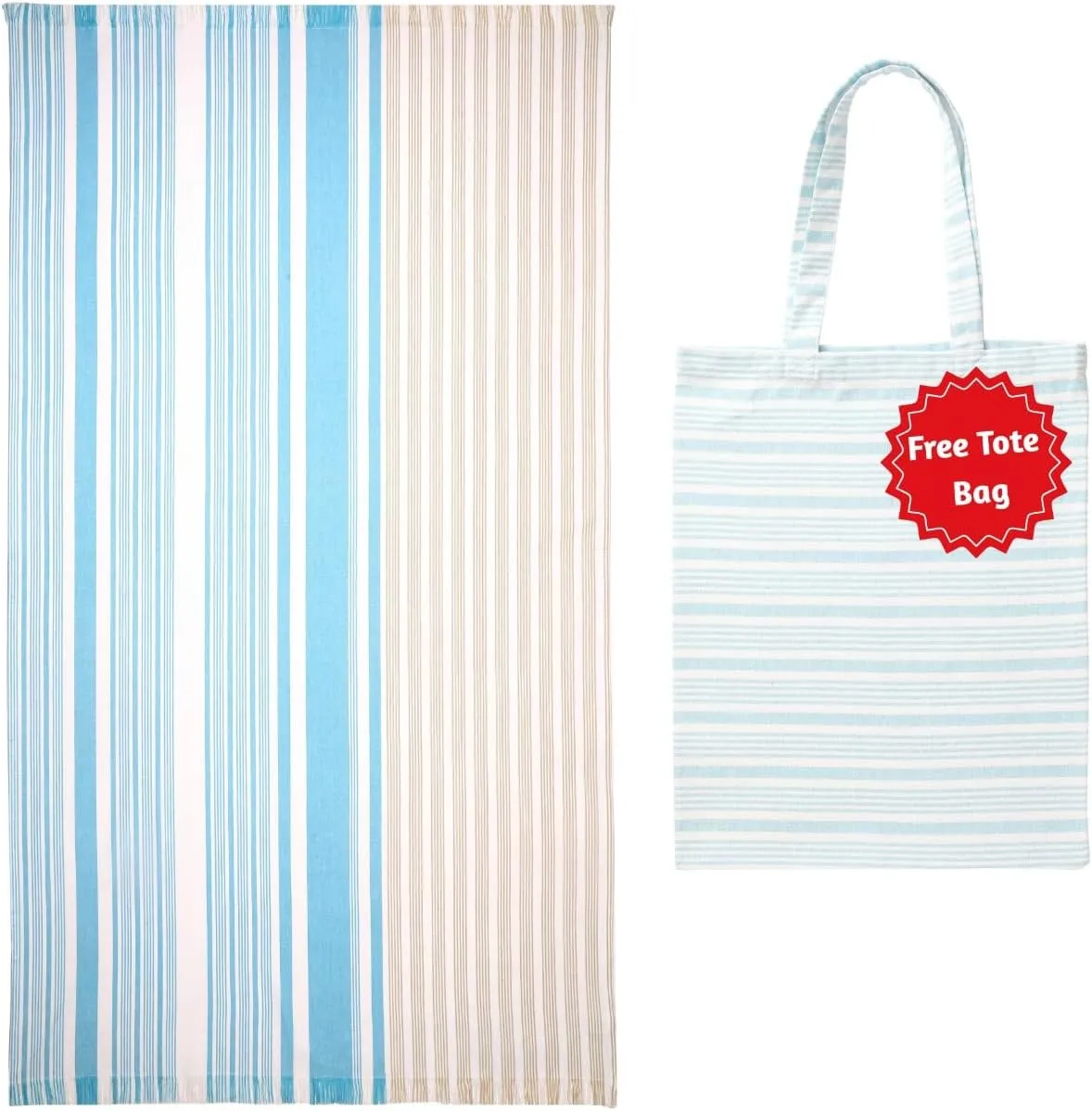 Folkulture Oversized Striped Beach Towels, 40x72, Quick Dry, Large, Cute with Tote Bag