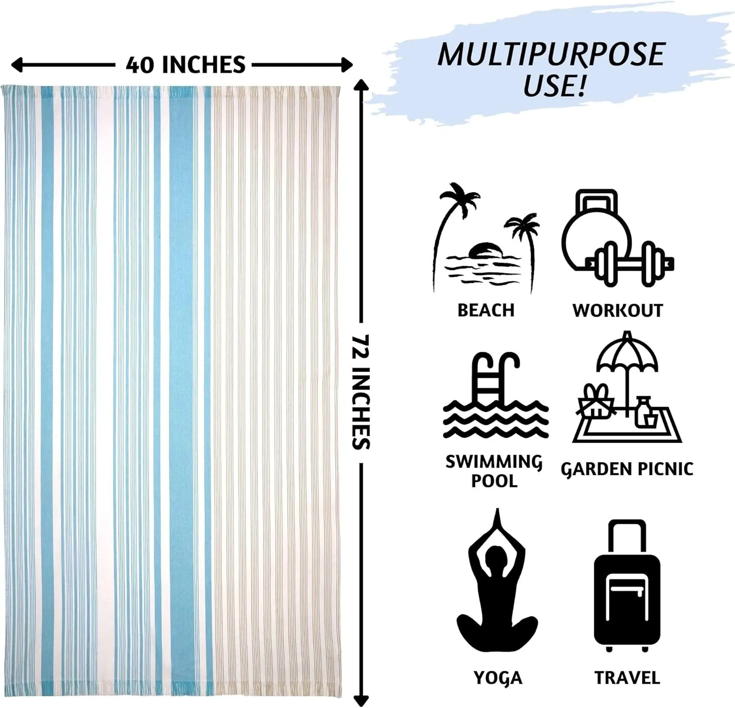 Folkulture Oversized Striped Beach Towels, 40x72, Quick Dry, Large, Cute with Tote Bag