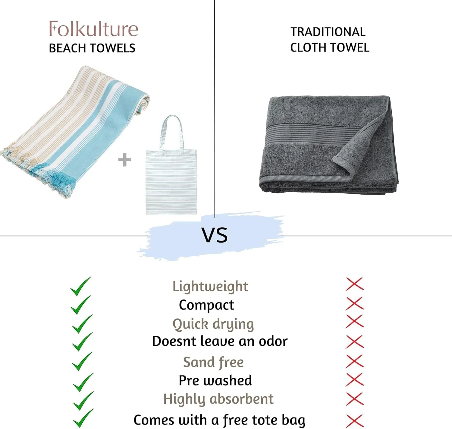 Folkulture Oversized Striped Beach Towels, 40x72, Quick Dry, Large, Cute with Tote Bag