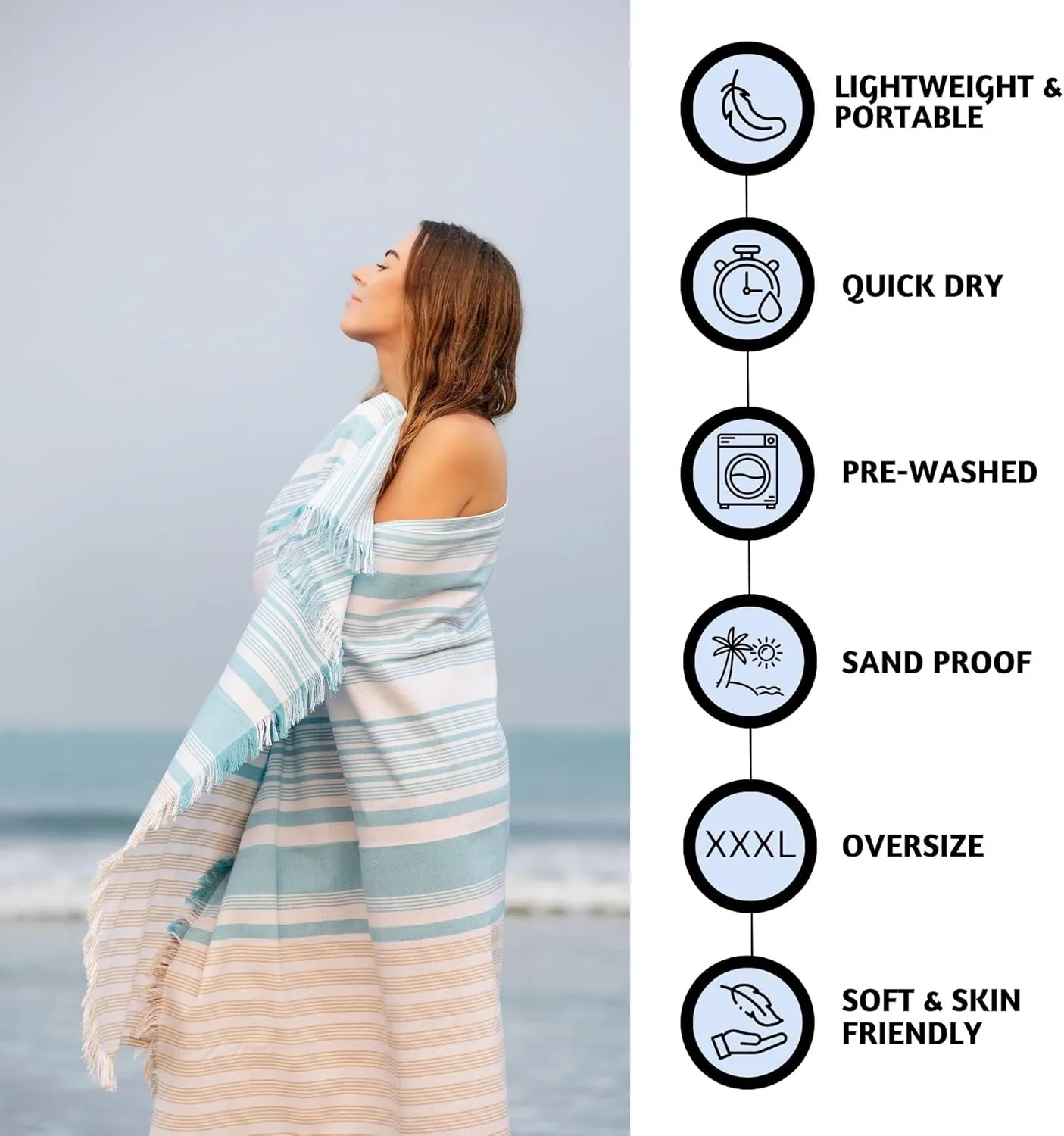 Folkulture Oversized Striped Beach Towels, 40x72, Quick Dry, Large, Cute with Tote Bag