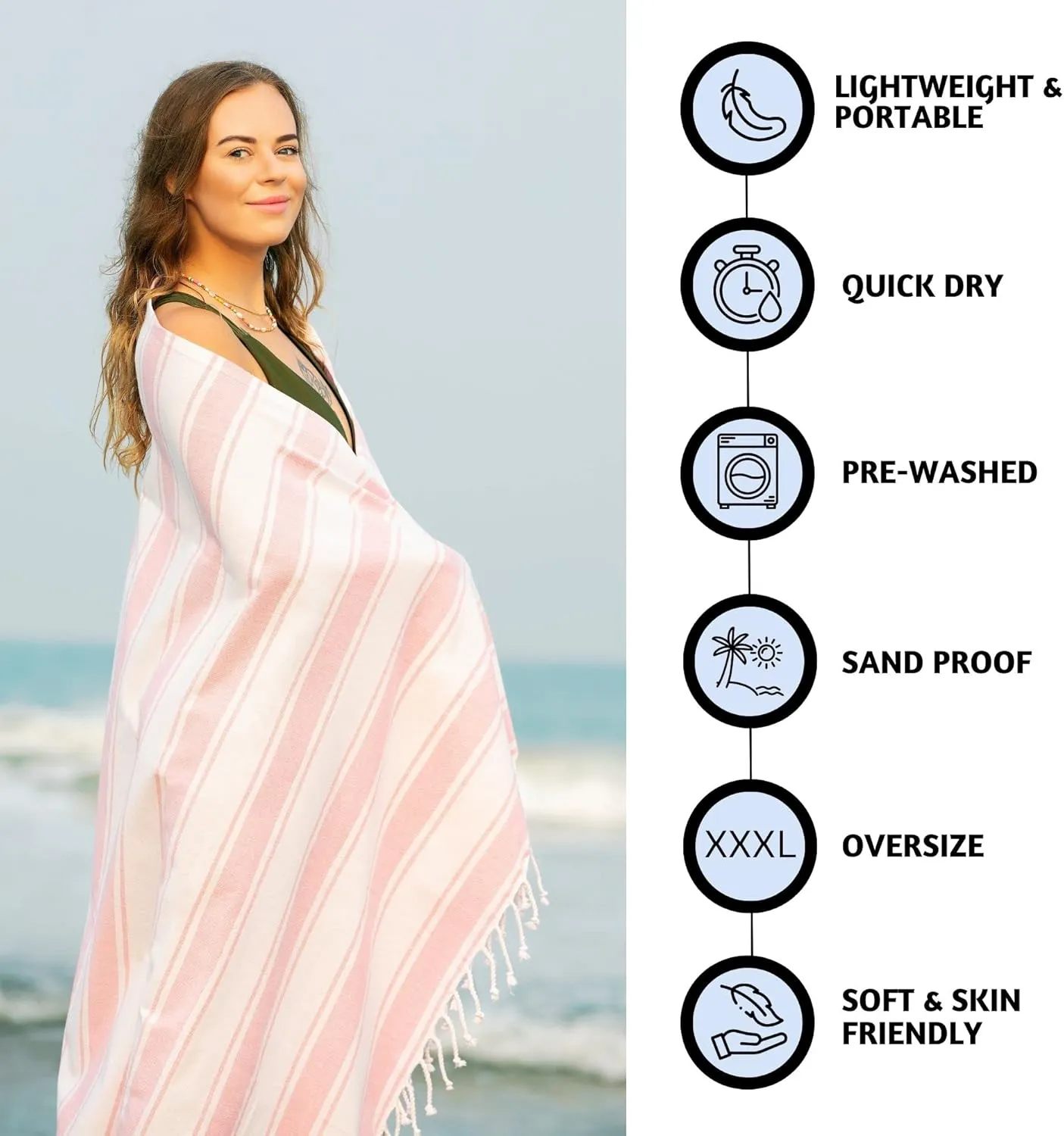 Folkulture Turkish Beach Towel with Tote Bag | Oversized (40 x 70) Quick Dry Bath Towels for Adults, Swimming Pool, Travel | Large Lightweight Beach Blanket Waterproof, Sandproof Beach Accessories