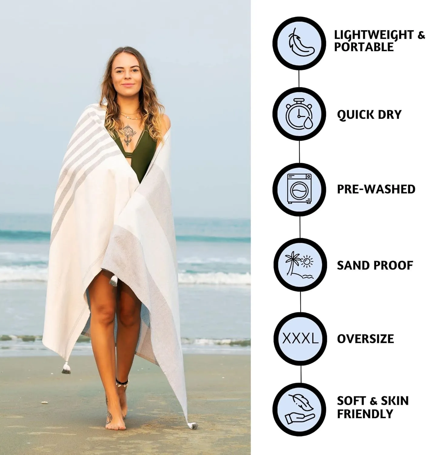 Folkulture Turkish Beach Towel with Tote Bag | Oversized (40 x 70) Quick Dry Bath Towels for Adults, Swimming Pool, Travel | Large Lightweight Beach Blanket Waterproof, Sandproof Beach Accessories
