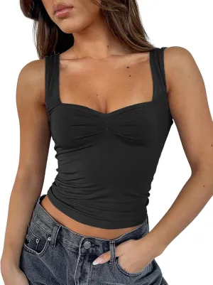 ForeFair Women Sleeveless Sexy Backless Going Out Crop Top Y2K Strappy Ruched Tank Top Summer Tight Slim Fit Cute Tops
