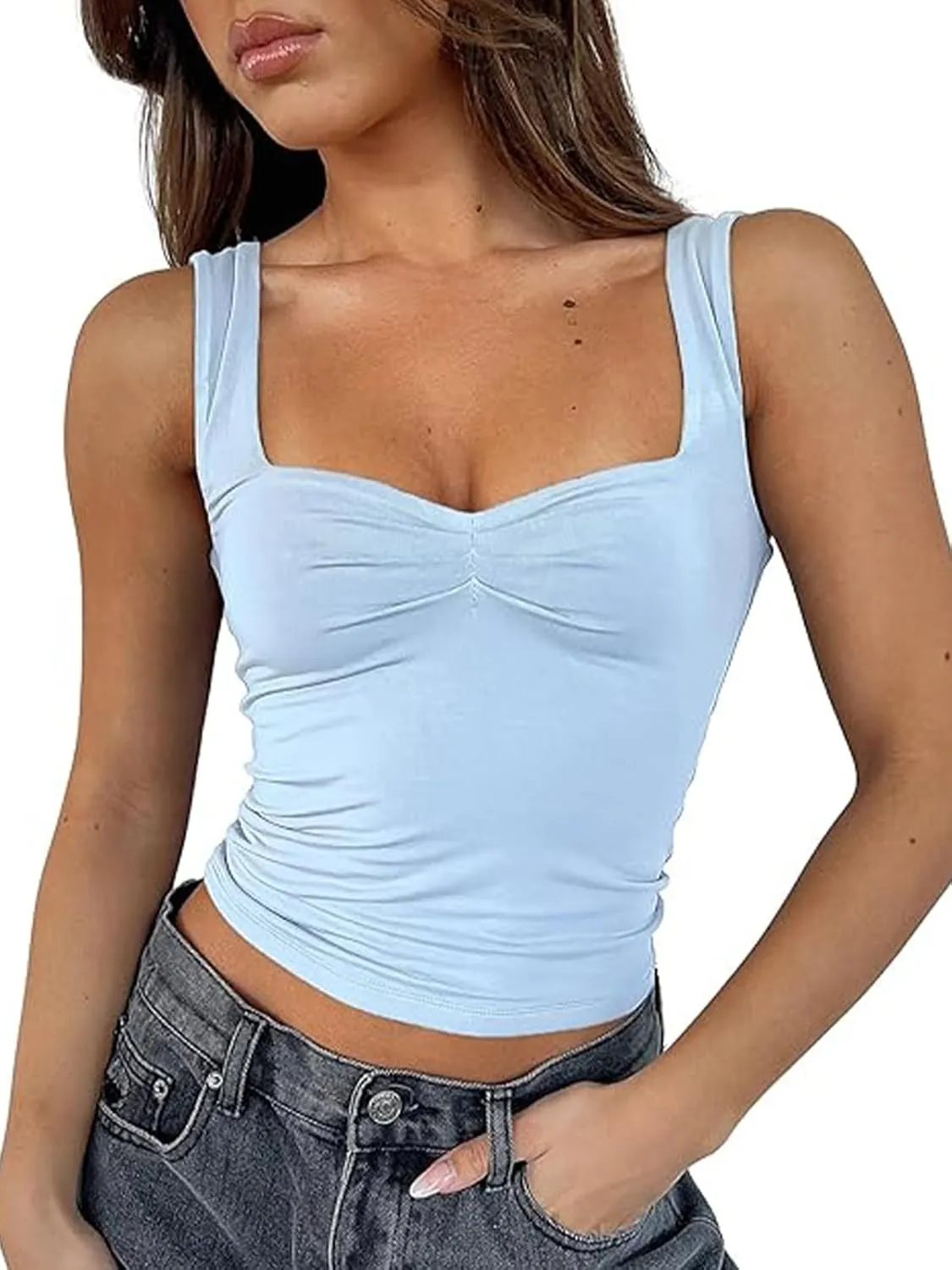 ForeFair Women Sleeveless Sexy Backless Going Out Crop Top Y2K Strappy Ruched Tank Top Summer Tight Slim Fit Cute Tops