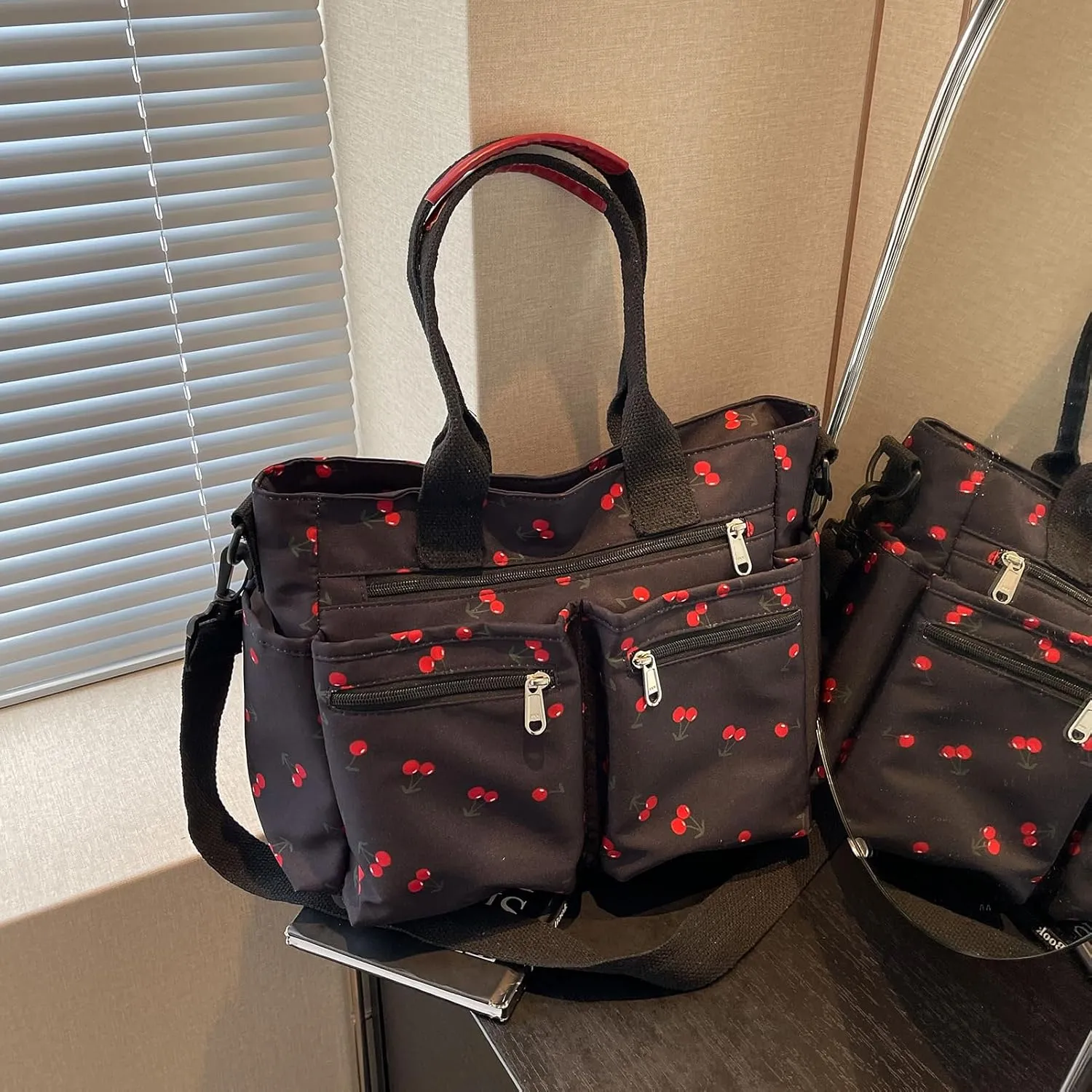 FOTN Cherry Tote Bag for Women, Everyday Work Tote,Large CanvasTote Purse with Multiple Pockets for Travel Daily Use
