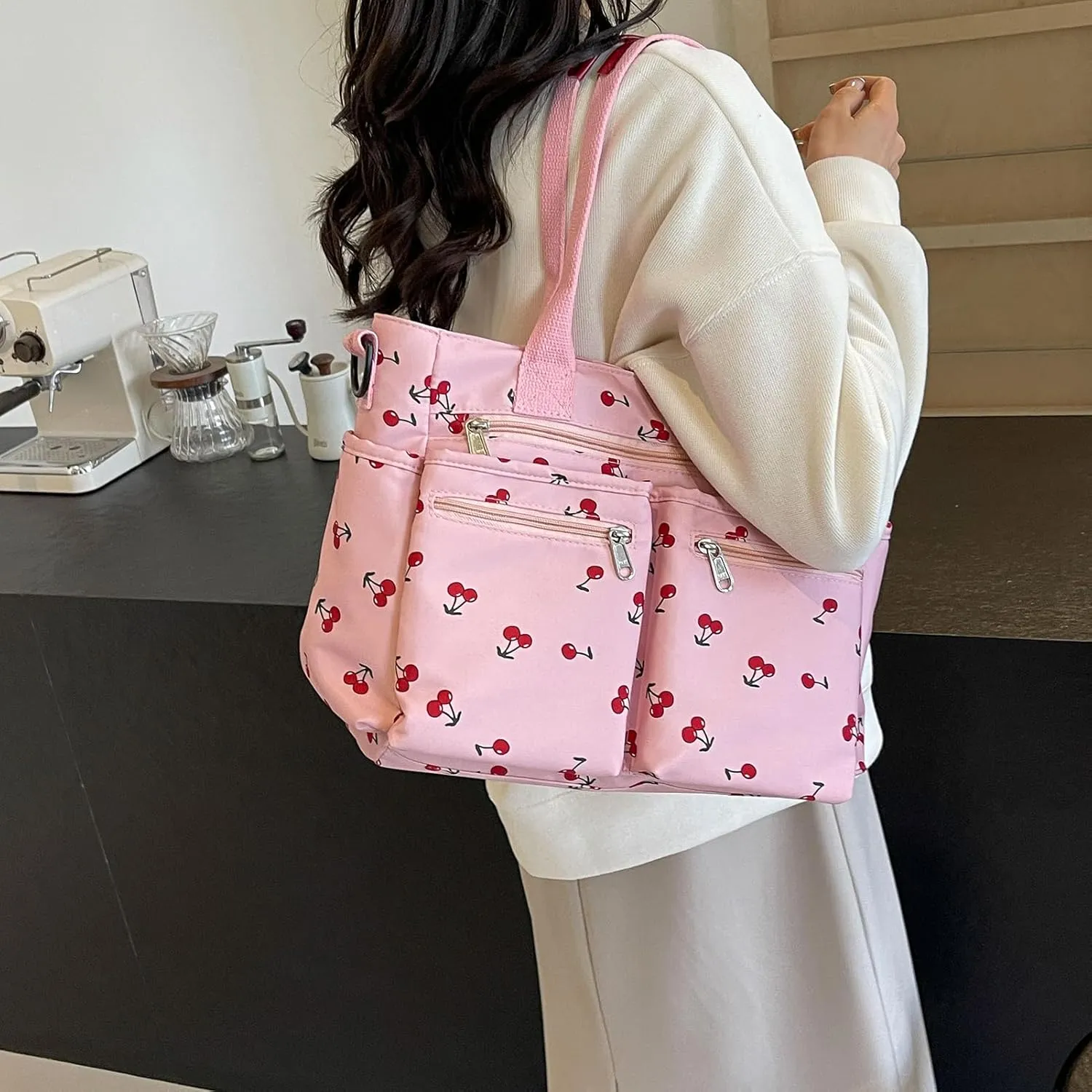 FOTN Cherry Tote Bag for Women, Everyday Work Tote,Large CanvasTote Purse with Multiple Pockets for Travel Daily Use