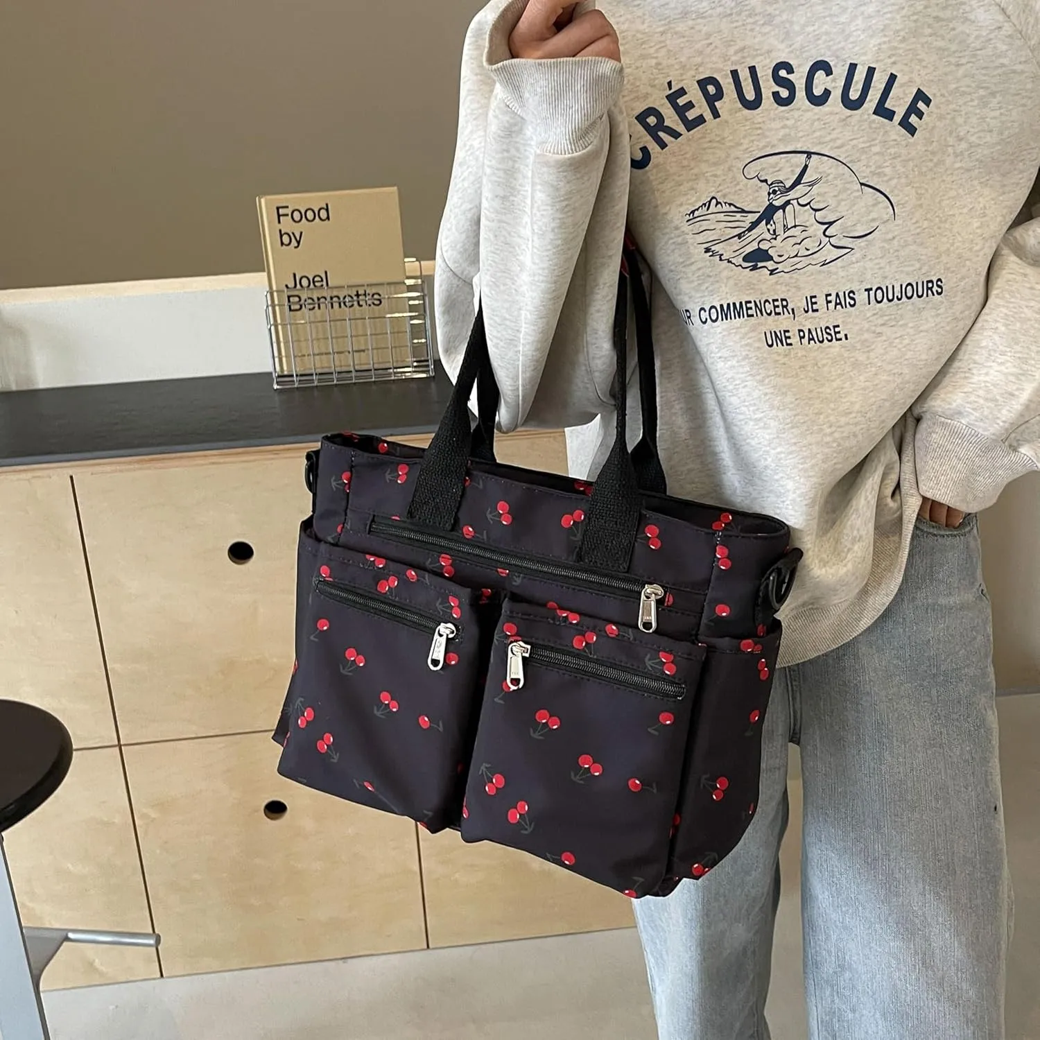 FOTN Cherry Tote Bag for Women, Everyday Work Tote,Large CanvasTote Purse with Multiple Pockets for Travel Daily Use