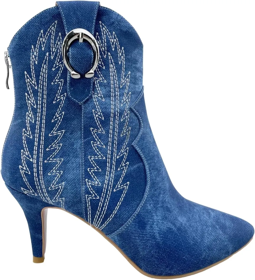 Frankie Hsu Women's Embroidered Western Cowboy Boots Ankle High Stitching Blue Denim Almond Medium Heeled Kitten Heel Fashion Retro Silver U-Shaped Buckle Classic Wide Ankle Big Size Pull-On Bootie