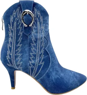 Frankie Hsu Women's Embroidered Western Cowboy Boots Ankle High Stitching Blue Denim Almond Medium Heeled Kitten Heel Fashion Retro Silver U-Shaped Buckle Classic Wide Ankle Big Size Pull-On Bootie