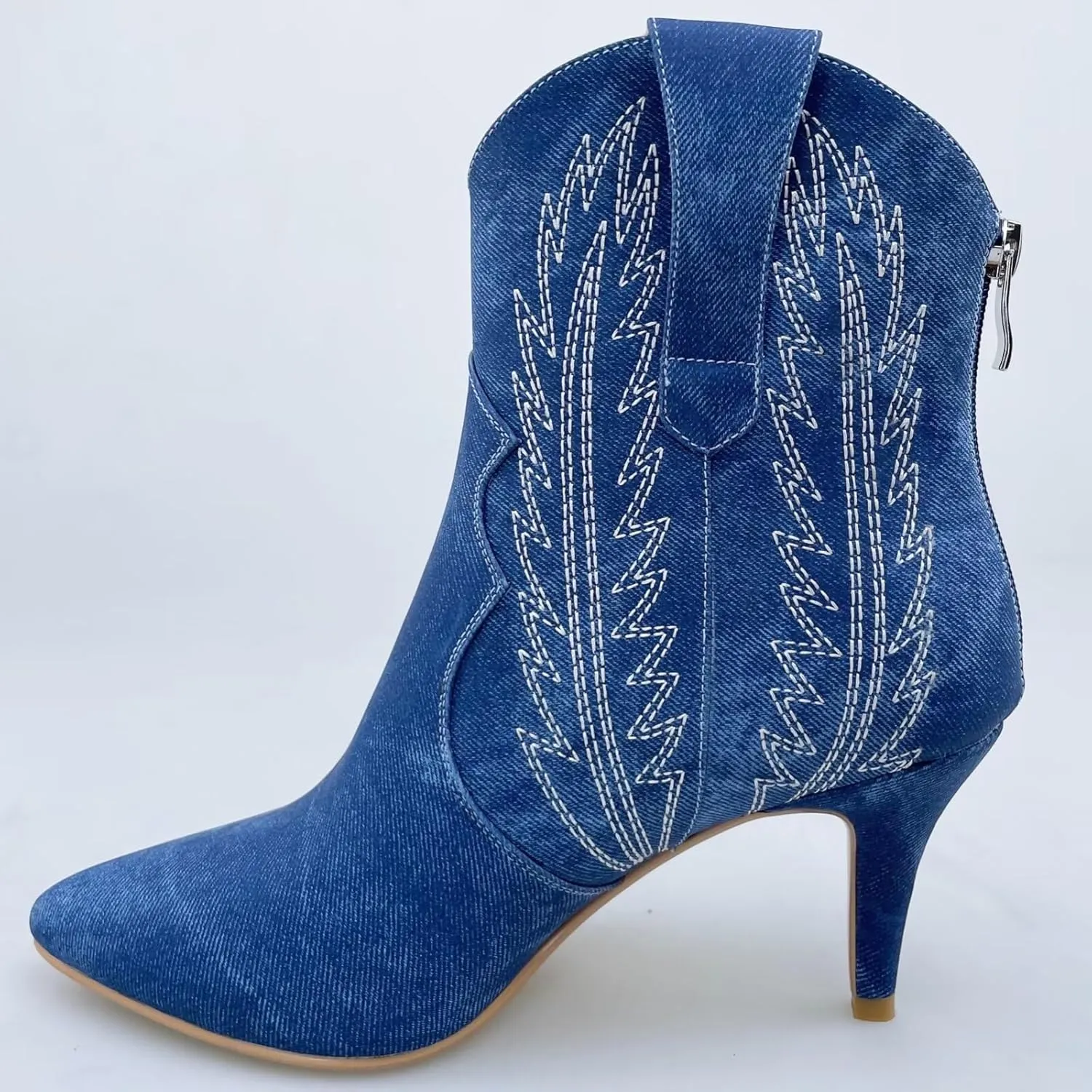 Frankie Hsu Women's Embroidered Western Cowboy Boots Ankle High Stitching Blue Denim Almond Medium Heeled Kitten Heel Fashion Retro Silver U-Shaped Buckle Classic Wide Ankle Big Size Pull-On Bootie