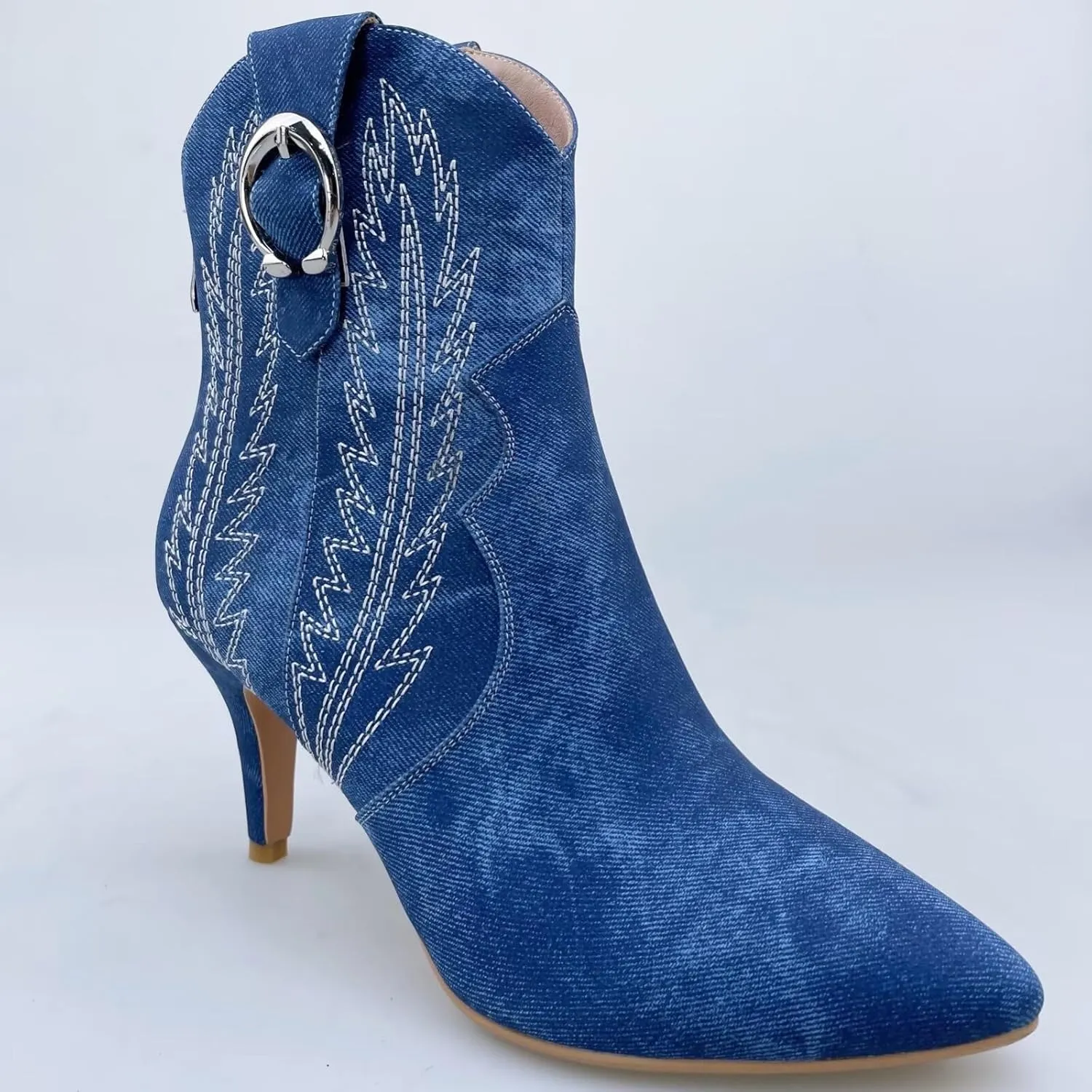 Frankie Hsu Women's Embroidered Western Cowboy Boots Ankle High Stitching Blue Denim Almond Medium Heeled Kitten Heel Fashion Retro Silver U-Shaped Buckle Classic Wide Ankle Big Size Pull-On Bootie