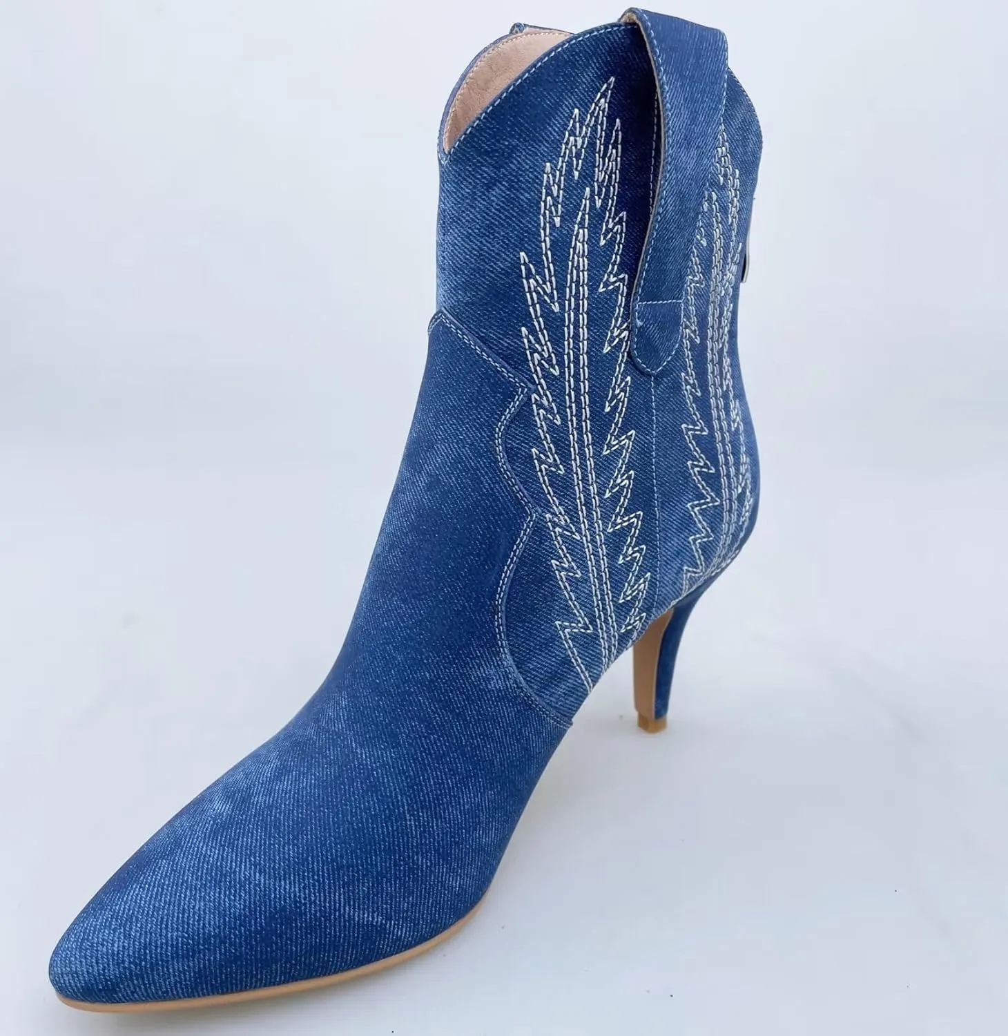 Frankie Hsu Women's Embroidered Western Cowboy Boots Ankle High Stitching Blue Denim Almond Medium Heeled Kitten Heel Fashion Retro Silver U-Shaped Buckle Classic Wide Ankle Big Size Pull-On Bootie