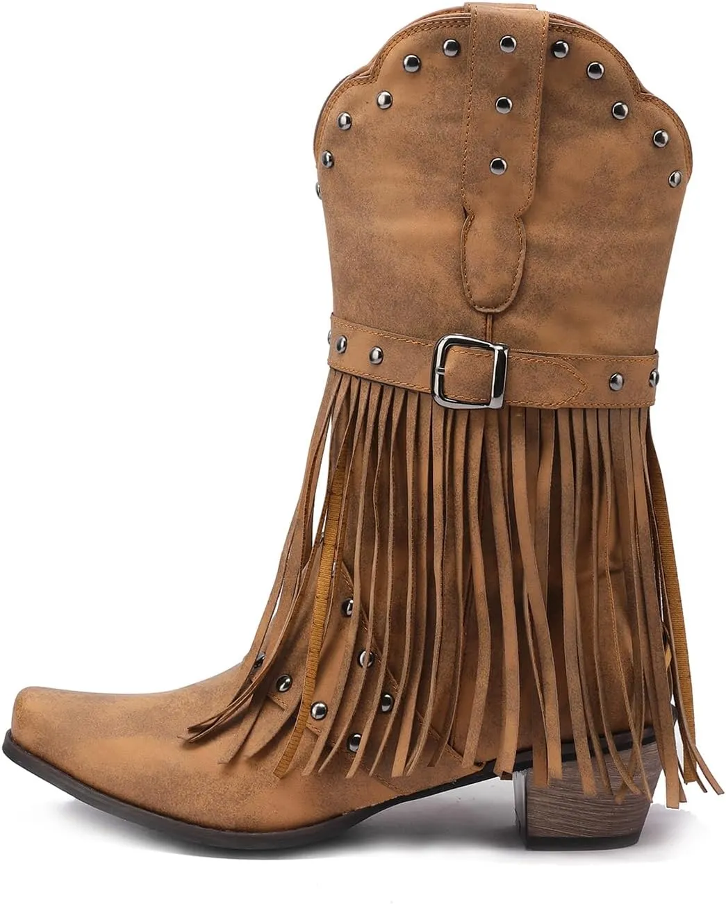 Fringe Cowboy Boots for Women Mid Calf Studded Pointed Toe Western Tassel Cowgirl Boots Women