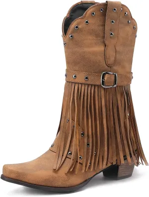Fringe Cowboy Boots for Women Mid Calf Studded Pointed Toe Western Tassel Cowgirl Boots Women