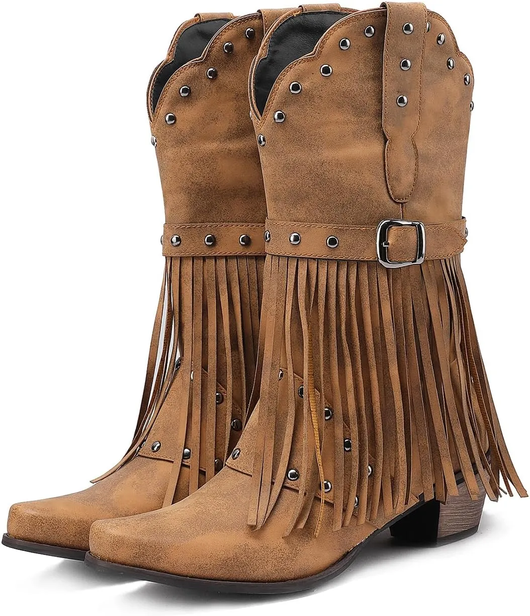 Fringe Cowboy Boots for Women Mid Calf Studded Pointed Toe Western Tassel Cowgirl Boots Women