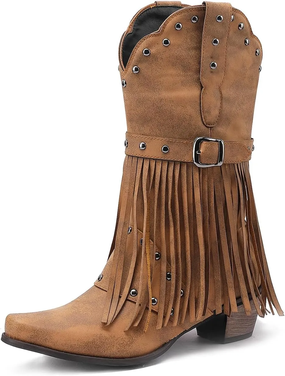 Fringe Cowboy Boots for Women Mid Calf Studded Pointed Toe Western Tassel Cowgirl Boots Women