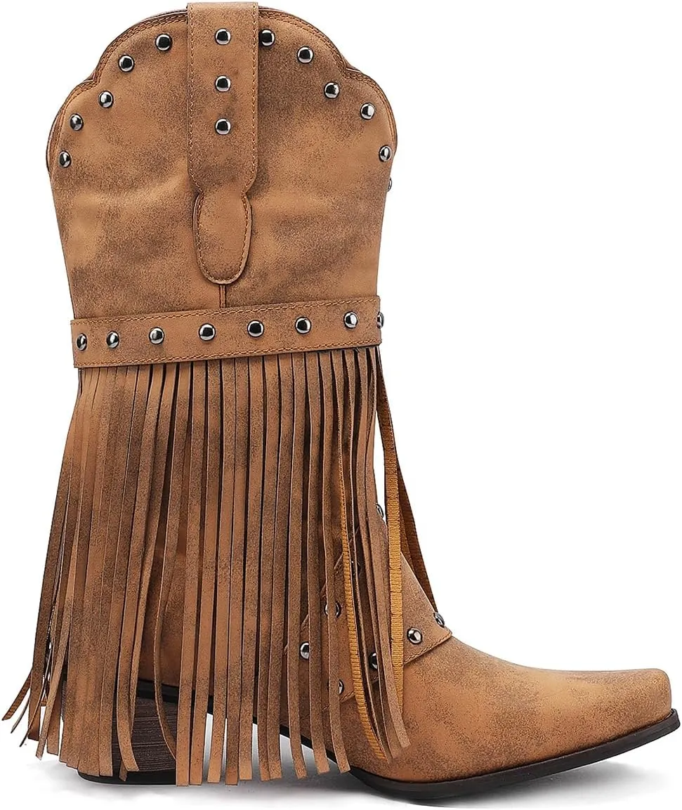 Fringe Cowboy Boots for Women Mid Calf Studded Pointed Toe Western Tassel Cowgirl Boots Women