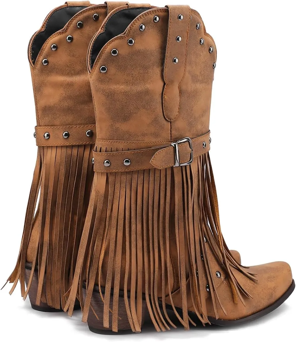 Fringe Cowboy Boots for Women Mid Calf Studded Pointed Toe Western Tassel Cowgirl Boots Women