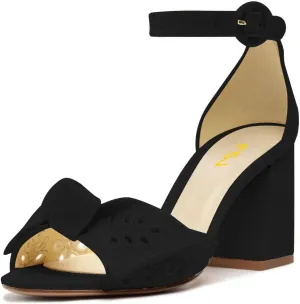 FSJ Women Chunky Block Heel Cute Bowknot Open Toe Sandals Ankle Strap Buckle Bridal Wedding Party Embroidered Shoes Size 4-16 US