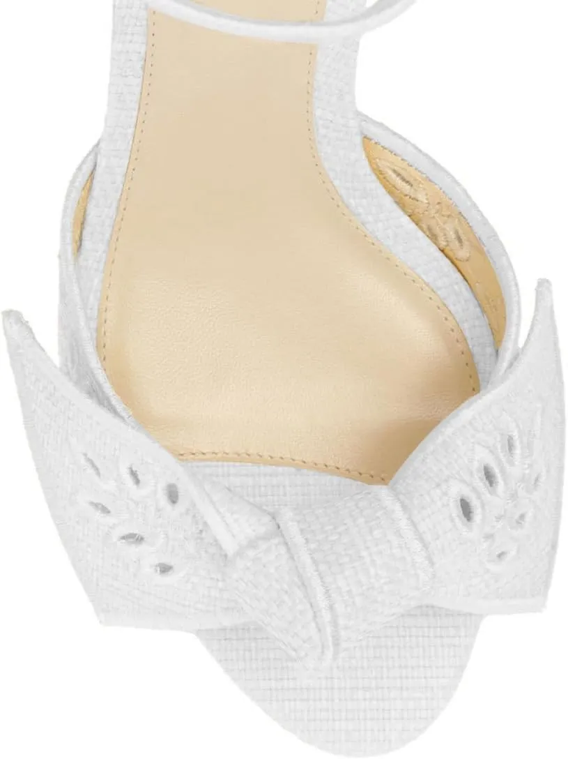 FSJ Women Chunky Block Heel Cute Bowknot Open Toe Sandals Ankle Strap Buckle Bridal Wedding Party Embroidered Shoes Size 4-16 US