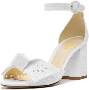 FSJ Women Chunky Block Heel Cute Bowknot Open Toe Sandals Ankle Strap Buckle Bridal Wedding Party Embroidered Shoes Size 4-16 US
