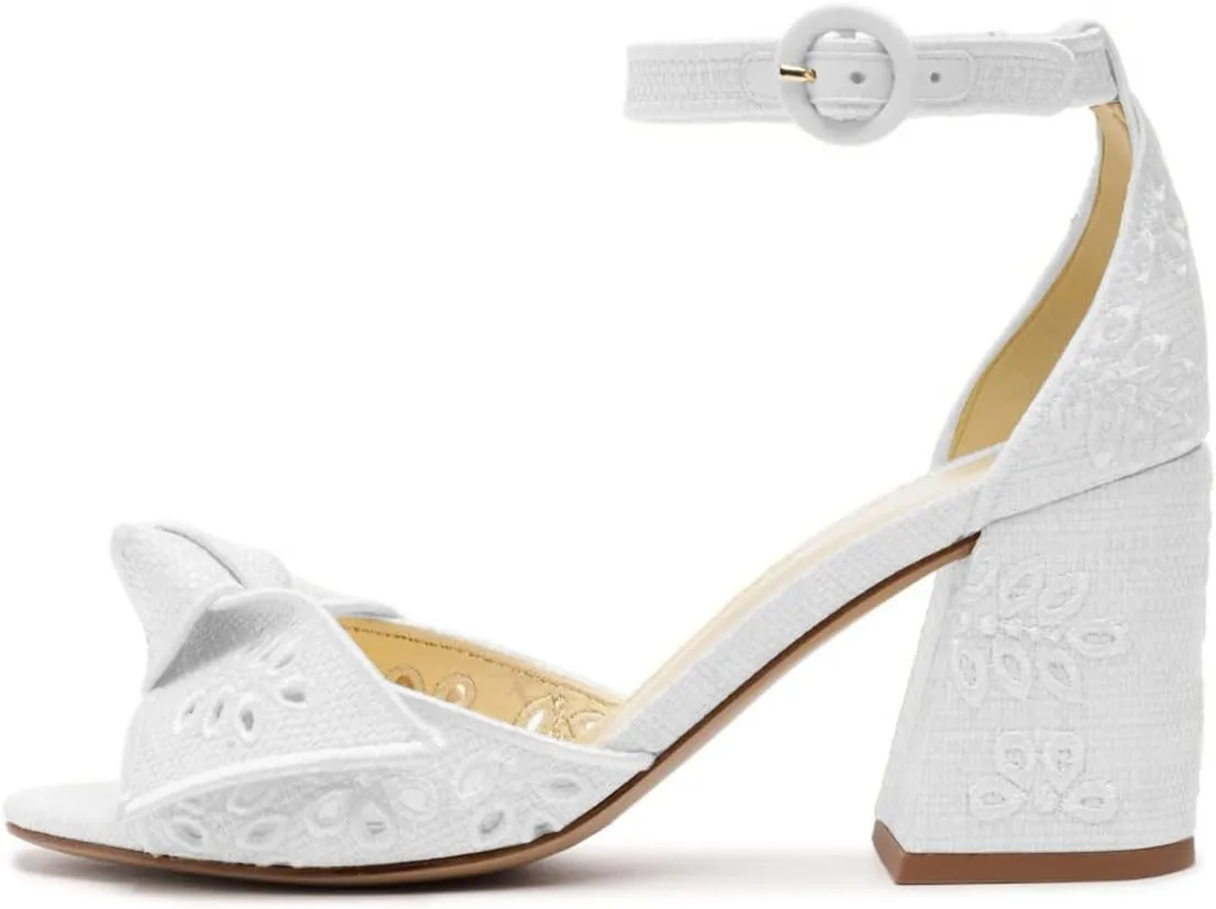FSJ Women Chunky Block Heel Cute Bowknot Open Toe Sandals Ankle Strap Buckle Bridal Wedding Party Embroidered Shoes Size 4-16 US