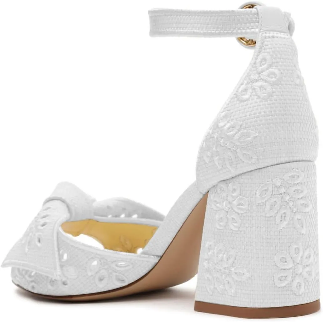 FSJ Women Chunky Block Heel Cute Bowknot Open Toe Sandals Ankle Strap Buckle Bridal Wedding Party Embroidered Shoes Size 4-16 US