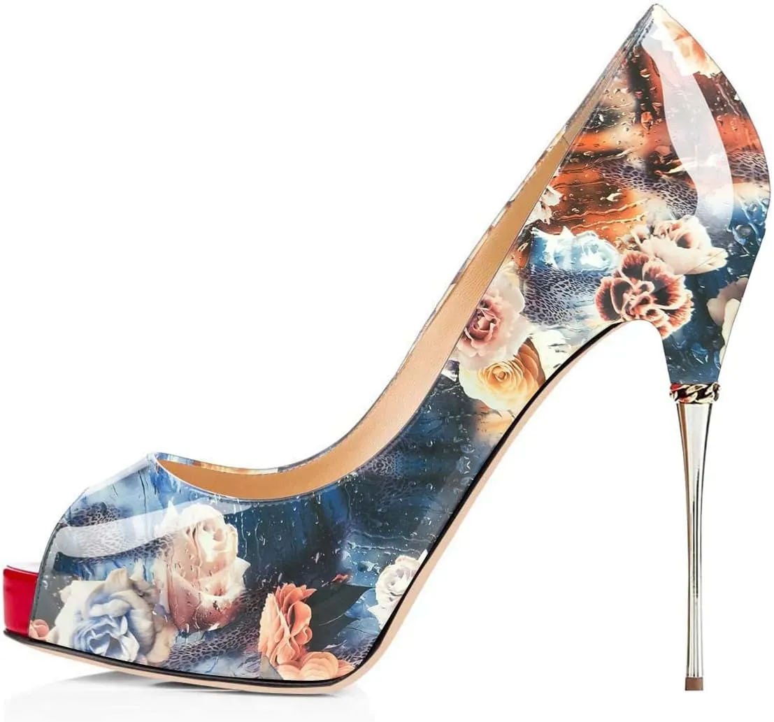 FSJ Women Classic Peep Toe Platform Heel Pumps Super High Sexy Metal Stiletto Slip On Party Shoes Size 4-15 US