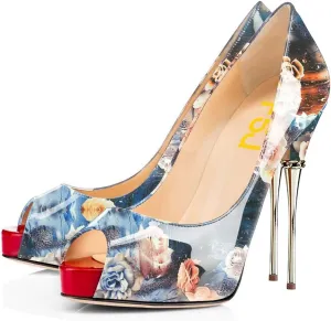 FSJ Women Classic Peep Toe Platform Heel Pumps Super High Sexy Metal Stiletto Slip On Party Shoes Size 4-15 US