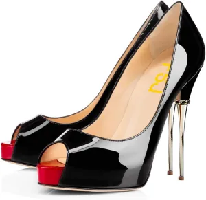 FSJ Women Classic Peep Toe Platform Heel Pumps Super High Sexy Metal Stiletto Slip On Party Shoes Size 4-15 US
