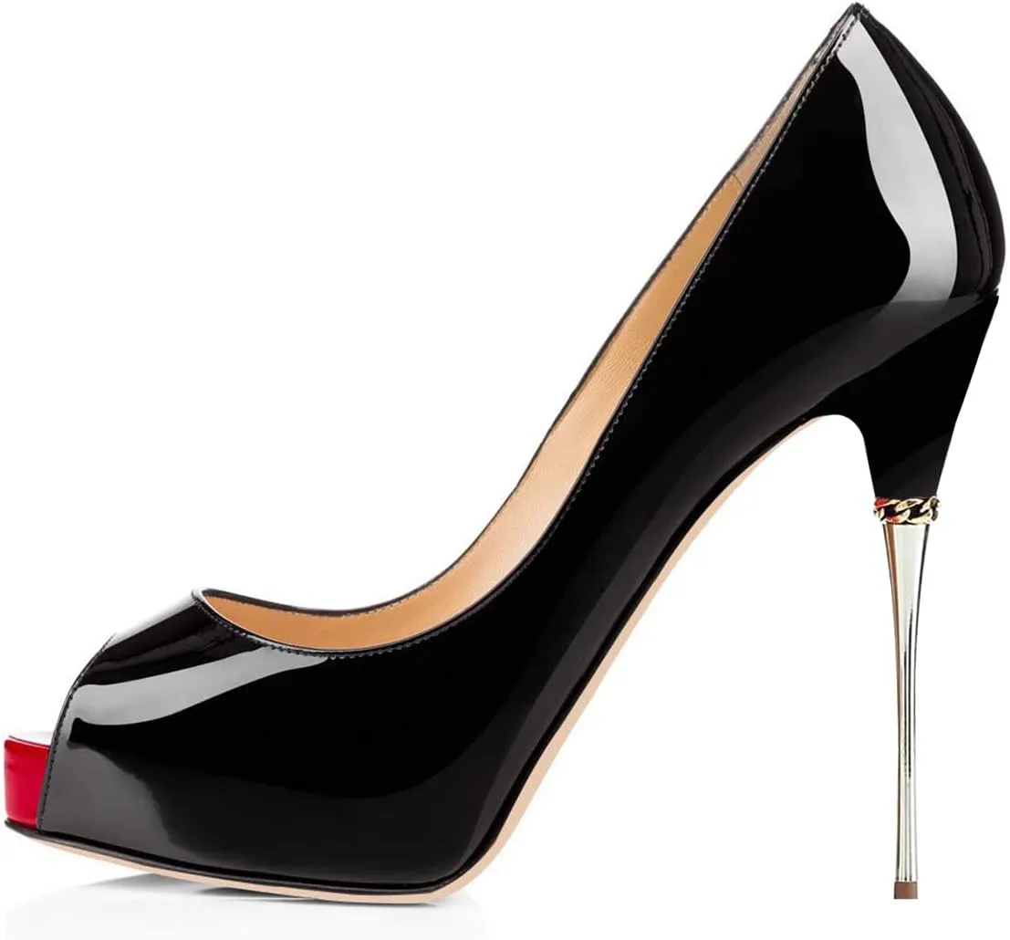 FSJ Women Classic Peep Toe Platform Heel Pumps Super High Sexy Metal Stiletto Slip On Party Shoes Size 4-15 US