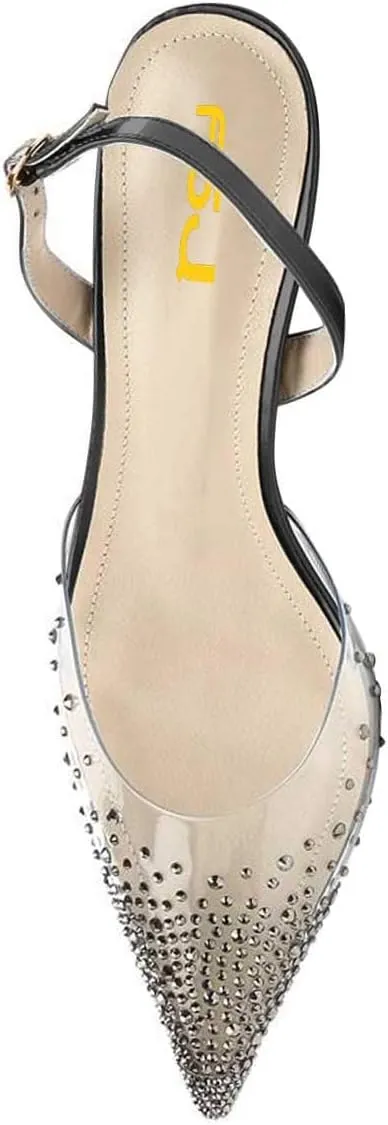 FSJ Women Crystal Studded Clear Pumps Sparkle Rhinestones Mid Low Heel Sandals Slingback D'orsay Pointed Toe Wedding Shoes Size 4-15 US